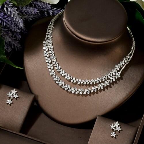 HIBRIDE New White Color Women Bridal Wedding Cubic Zirconia Jewelry Set Two Layers Necklace and Earring Set bijoux femme N-1472