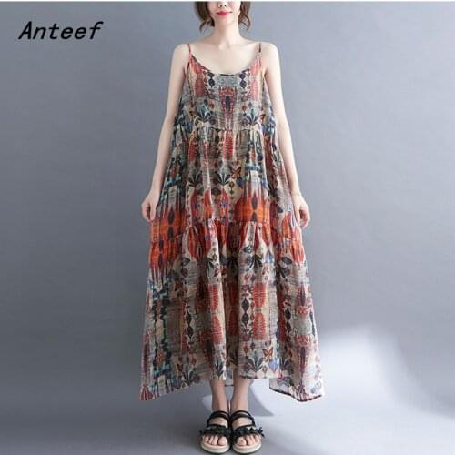 Strap cotton vintage floral dresses for women casual loose long woman summer beach dress elegant clothes 2021