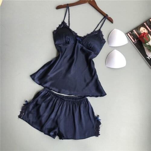 Cotton Two Piece Set Women Sleepwear Silk Pajamas Sexy Chest Pad Nightwear Women 2018 Summer Lace Homewear Women Lingerie