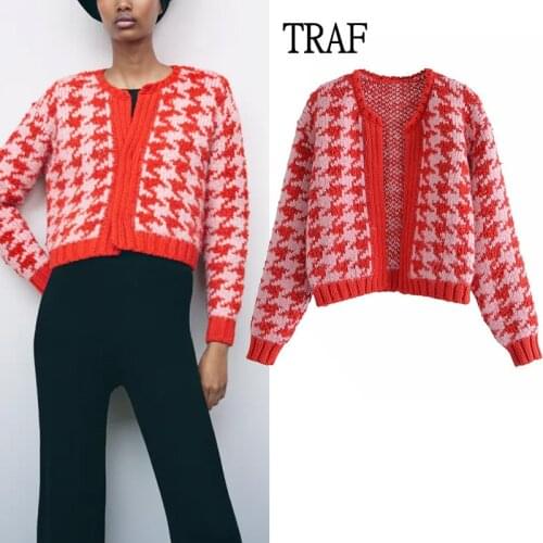 TRAF Za Women 2021 Houndstooth Cardigan Sweater Woman Autumn Winter Long Sleeve Vintage Knitted Loose Casual Knit Jacket Woman