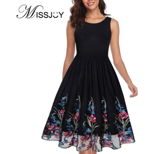 MISSJOY Women Dresses Summer 2020 Sleeveless Printed Vintage High Waist Casual Party Ladies O-Neck Retro Lace Patchwork Female