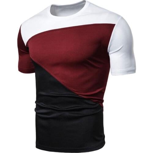 Fashion Men Color Blocking T-Shirt Short Sleeve Round Neck Casual Pullover Top