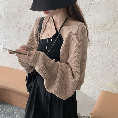 Fashion Korean Loose Lantern Sleeve Sweater Cardigan Womens Autumn Long Sleeve Sweater Crop Tops Causal Streetwear