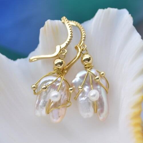 MTC·STAR Z10548 Handmade 24mm Pink Lavender Baroque Keshi Pearl Twine Dangle Earring CZ