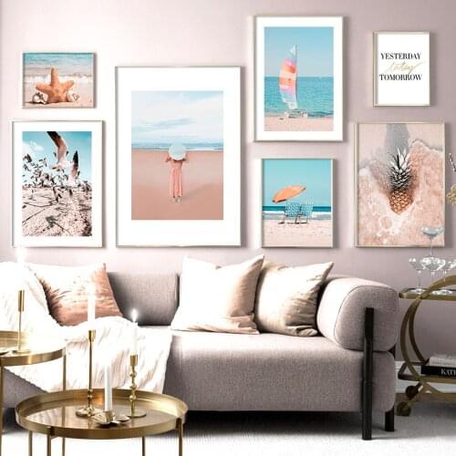 Wall Art Canvas Painting Sea Starfish Seagull Sailboat Beach Girl Nordic Posters And Prints Wall Pictures For Living Room Decor