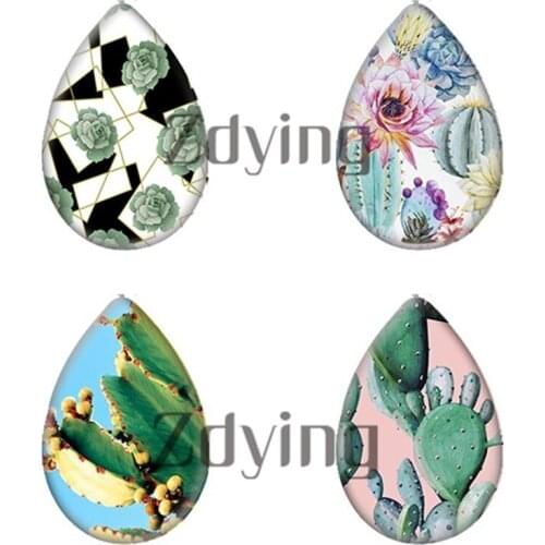Zdying Wholesale 10pcs/Lot Water Drop Glass Cabochon Green Plant Cactus Photo Beads Jewelry Findings DIY Necklace Earrings Gift