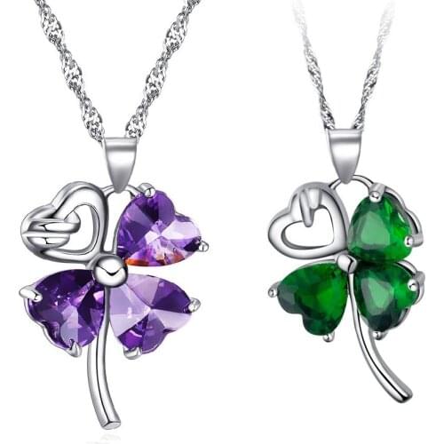 Four-Leaf Clover Heart Necklace for Women Shiny Rhinestone Fashion 2021 New Jewelry Smooth Jade Chain Purple Green Pendant Gifts