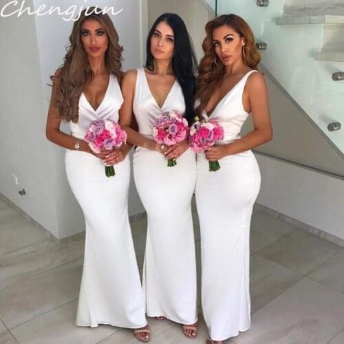 Chengjun Floor Length Sleeveless White Fitting Sheath Sexy V-Neck Bridesmaid Dress