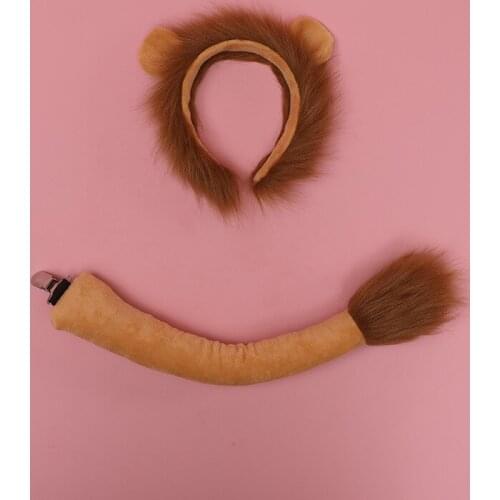 Jungle Animal Lion Ears Plush Headband and Tail Set Cute for Children and Adults Role Play Cosplay Party Halloween Props