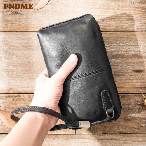 PNDME black genuine leather mens womens clutch bag casual simple wallet high quality cowhide luxury phone bag female purse