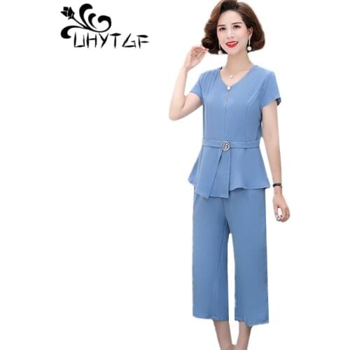 UHYTGF Casual Womens Summer Suit 2021 V-Neck Pullover T-Shirt Tops Mother Tracksuit Short Sleeve Slim Plus Size Two-Piece Set 5