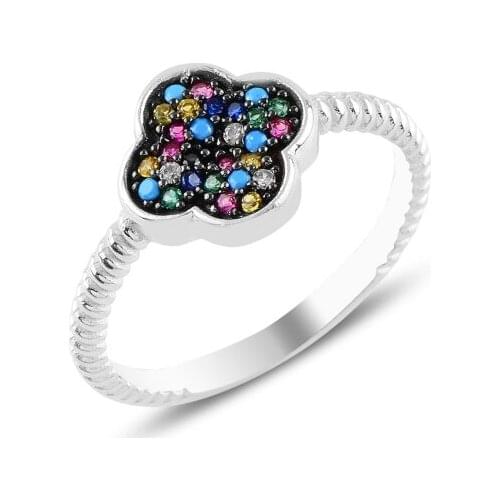 Silver 925 Sterling Clover Mixed Zircon Stone Ring