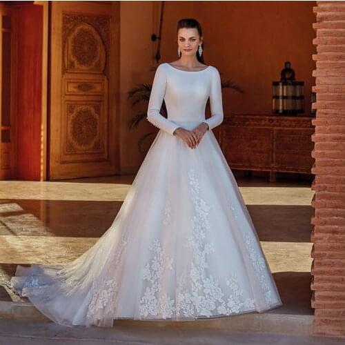 Thinyfull Princess Boho Top Satin Tulle Skirt Wedding Dresses Scoop A Line Long Sleeve Bridal Gown Lace Appliques Robe Mariage