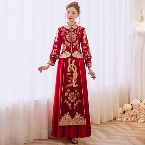 High Quality Phoenix Embroidery Traditional Chinese Bride Groom Wedding Dress Retro Refined Stylish Marry Cheongsam
