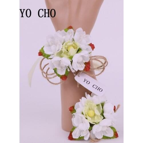 YO CHO Delicate High Quality Wedding Wrist Hand Flowers Bride Bridesmaid Wrist Corsage Groom Boutonniere Festival Party Decor