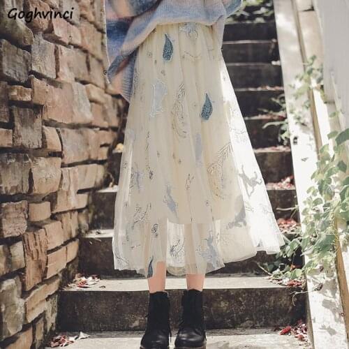 Skirts Women Lace Mesh Floral Retros Korean Style Fairy Female Falads Elastic High Waist All-match Loose Fashion Temperament Ins