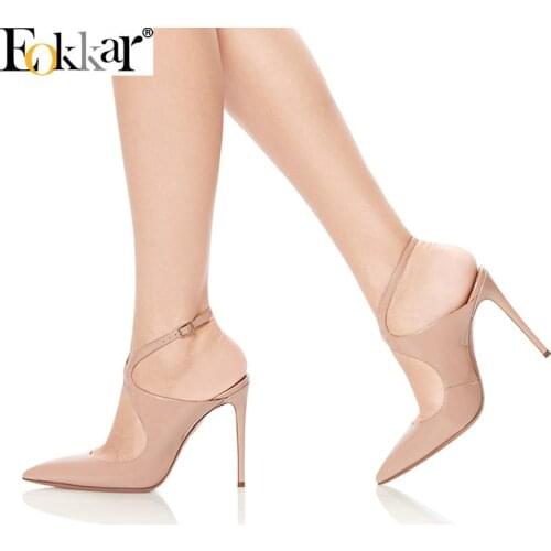 Eokkar 2019 Pointed Toe PU Leather Ladies Stiletto Pumps Sandals High Heel Ankle Buckle Strap Slingbacks Women Plus Size 35-45