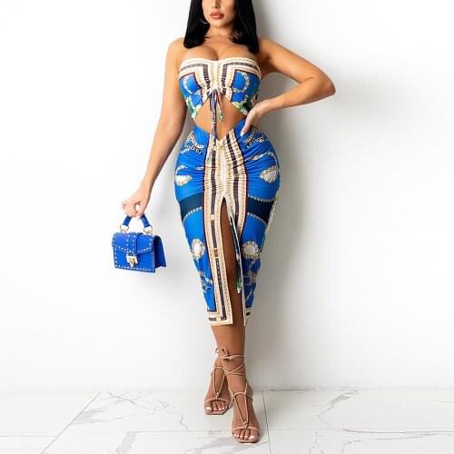 Sexy Skirt Sets for Ladies Blue Printed Drawstring Strapless Tops & Skirts High Split Elegant Evening Night Club Outfits Sets
