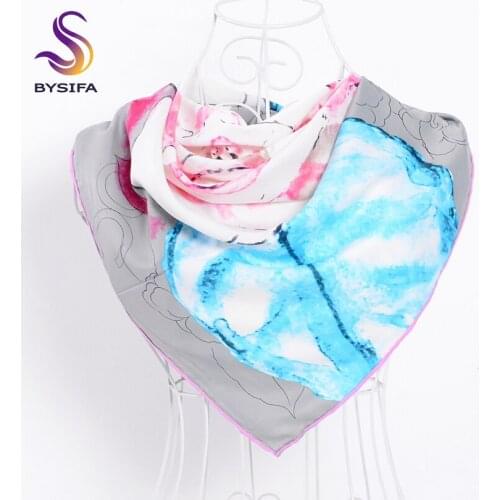 [BYSIFA] Grey Twill Scarves Wraps Fashion Apparel Grey Peony Pattern Hand Sewing Edge High Quality Women Large Silk Scarf Cape