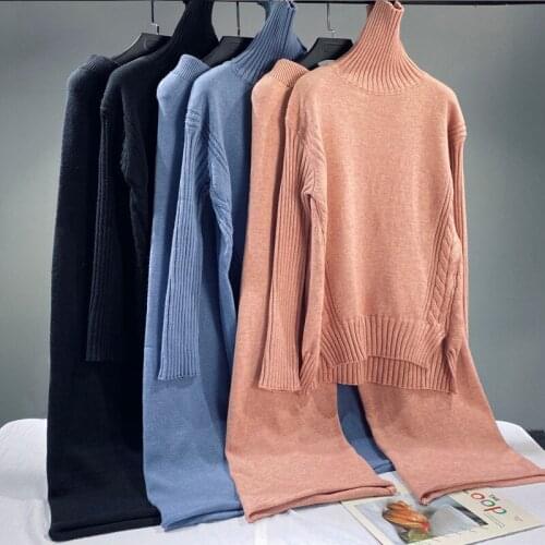 Women European Fashion Knitted Tracksuit Turtleneck Sweater + wide leg Pants Pullover Outwear