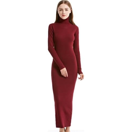 2021 New Fashion Women Sexy Party Dress Knit style Long Sleeve Turtleneck Winter Maxi Dress Slim Work Wear Office Dress Vestidos