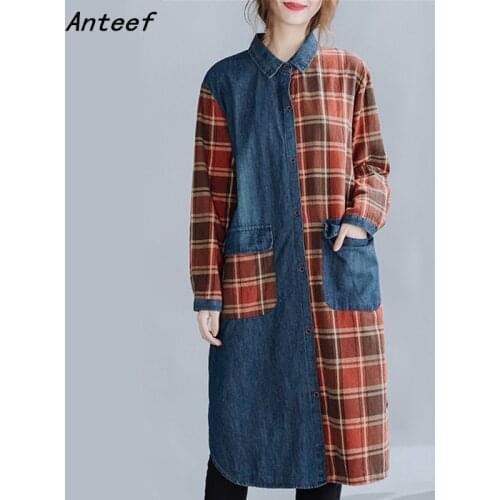 Long sleeve cotton denim vintage plaid women casual loose midi autumn shirt dress elegant clothes 2021 ladies dresses
