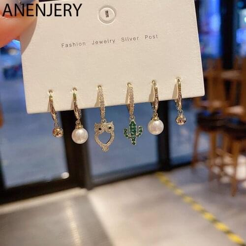 ANENJERY Colorful Zircon Owl Cactus Imitation Pearl Hoop Earrings Set for Women 6-piece Set Ear Jewelry Christmas Gifts S-E1280