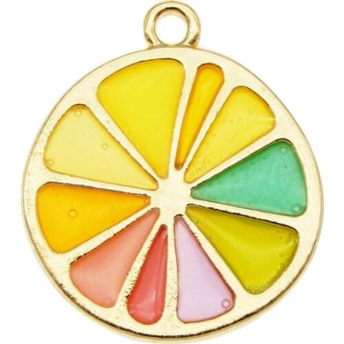Julie Wang 4PCS Enamel Orange Charms Alloy Gold Tone Artificial Fruit Rainbow Colors Orange Slice Jewelry Making Accessory