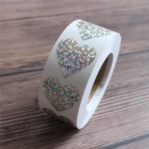 Glittery silver heart Stickers 500 pcs per roll Christmas gift package labels Wedding Decoration Cake Baking Seals