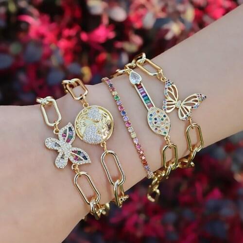Colorful Butterfly Bracelet Zircon Link Chain Jewelry CZ Crystal Natural Stone Love Heart Evil Eye Bracelets for Women Gift