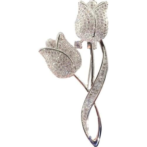 Tulip Flower Cz Brooch Pin Elegant Rose Flower Cubic Zircon Brooches For Wedding Costume Accessories Jewelry