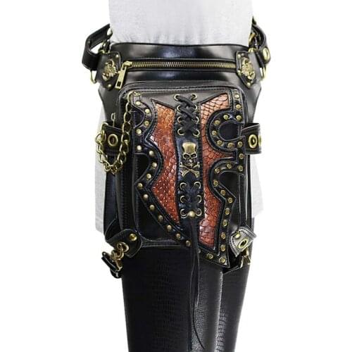 Black/Brown PU Leather Retro Rock Skull Rivet Chain Crossbody Shoulder Steampunk Waist Bag Gothic Messenger Bags Matching Corset