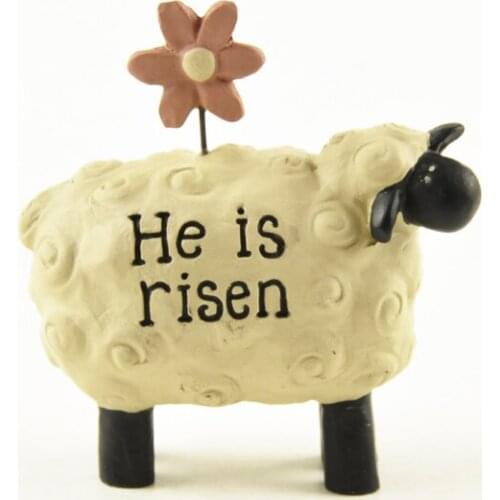 He is Risen Figurine Curled Fur Sheep Lamb Figurines Black Horn Flower on back Animal Ornaments Holy Communion Decoration