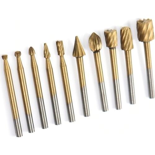 10pcs HSS Titanium Routing Rotary File Cutter Drill Grinder Cutter Woodworking Carving Milling Cutter For Power Tools