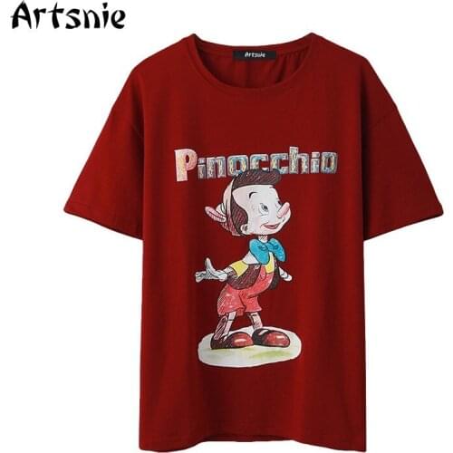 Artsnie disney cartoon t shirt women summer 2020 o neck short sleeve oversized tops female sweet cotton red t-shirts femme