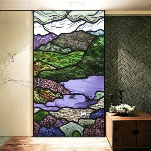 Customized Glass Films Frosted Privacy Window Film Stained Glass Film Tiffany Retro Forest Tree Colorful Window Door Stickers