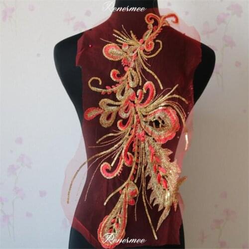 1Pc 23X54cm Red Gold Sequins Phoenix Tail Lace trims Applique in Lace Crafts Lace Fabric For Wedding Dress Decoration SX221