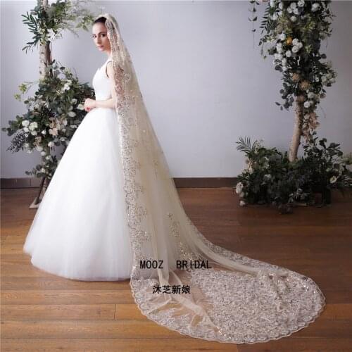 Lace Cathedral Bride Wedding Long Applique Custom Made High Quality Golden Metal Hair Comb Champagne Bridal Veils