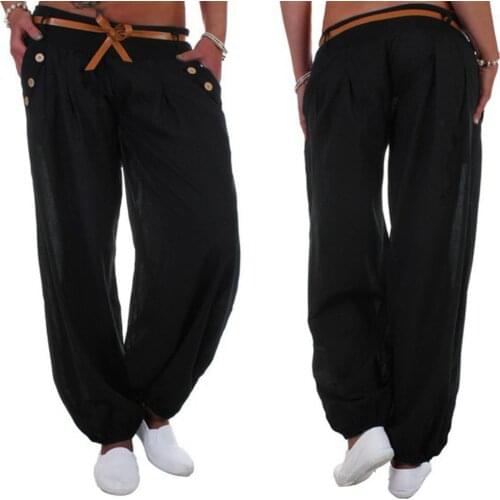 HOT SALES!!! Casual Women Solid Color High Waist Belted Harem Pants Loose Long Trousers