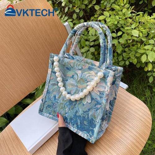 Fashion Women Flower Pattern Printing Shoulder Shopping Bag Casual Ladies Small Pearl Chain Tote Handbags