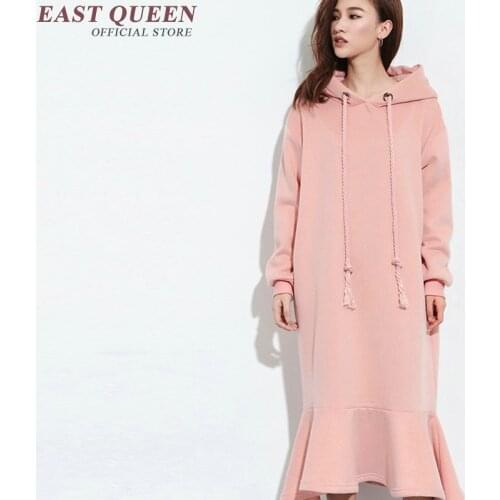 New arrivals women dress with a hood casual loose long hooded dress ruffles frill mermaid wiggle flounce dress KK239 Q