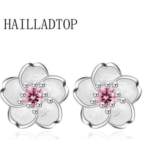 Fresh Five Petal Stud Earrings Pink Flower Crystal Ear Decorations Female Trendy Silver Plating Earrings Heart Handmade Blossom