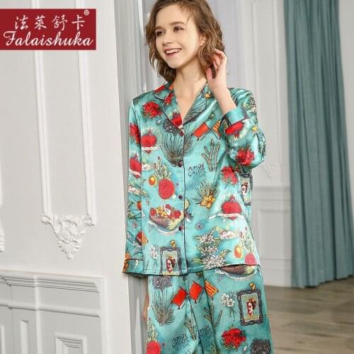 New sweet Cartoon 100% silk pajamas sets women sleepwear long sleeves Korean sexy Elegant pure genuine silk womens pyjamas T8220