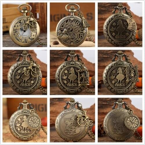 Charm Pendant Accessory Alice In Wonderland Themed Quartz Necklace Pocket Watches Fob Chain Clock Gifts for Kids Ladies