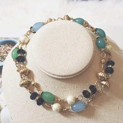 Famous brand zinc alloy fashion retro exaggerated Green Pendant statement Necklace female long sweater chain girlfriend gift