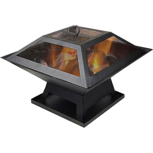 Portable Brazier Large Iron Fire Burn Pit Square Fire Bowl Outdoor BBQ Camping Mesh Cover Stove Grill Garden Terrace Stand Stove