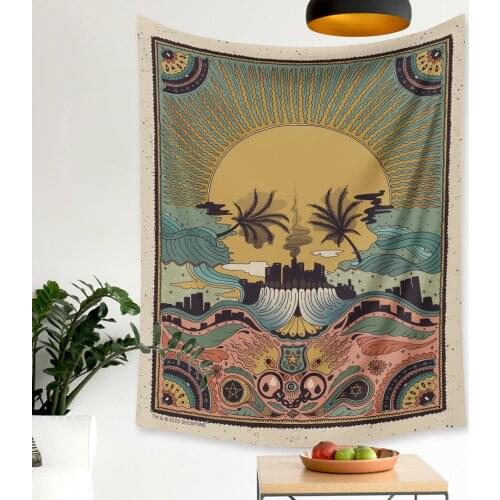 Floral Mandala Wall Tapestry Psychedelic Sun Eye Palm Tree Pink Flower Boho Decor Wall Hanging Tapestries India Wall Carpet Yoga