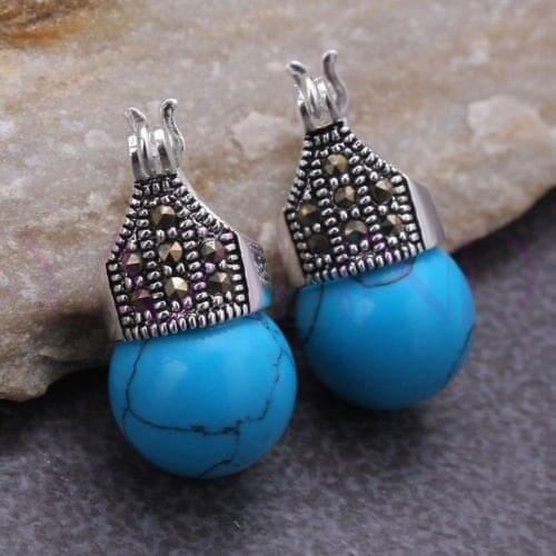 Nice Blue Round Ball 925 Sterling Silver Hooks Earring Silver natural turquoise gem/jade/coral/opal Marcasite