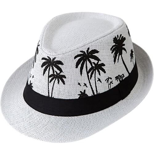 Spring Summer Women Straw Sun Hat Men Beach Coconut Tree Printing Crimping Sunscreen British Bucket caps Lovers Hats 4colors