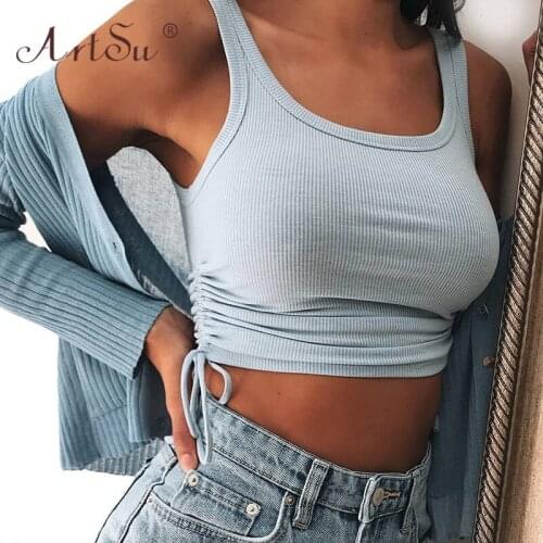 ArtSu Rib Knit Solid Blue Casual Women Tank Tops Sleeveless Skinny Adjustable Lace Up Sexy Crop Top Summer Camisole Streetwear